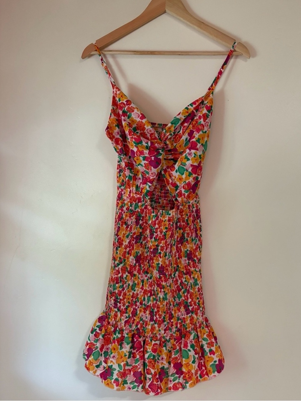 Bright Floral Mini Dress with Ruffle Hem - Size M - US 6 Pink, Orange